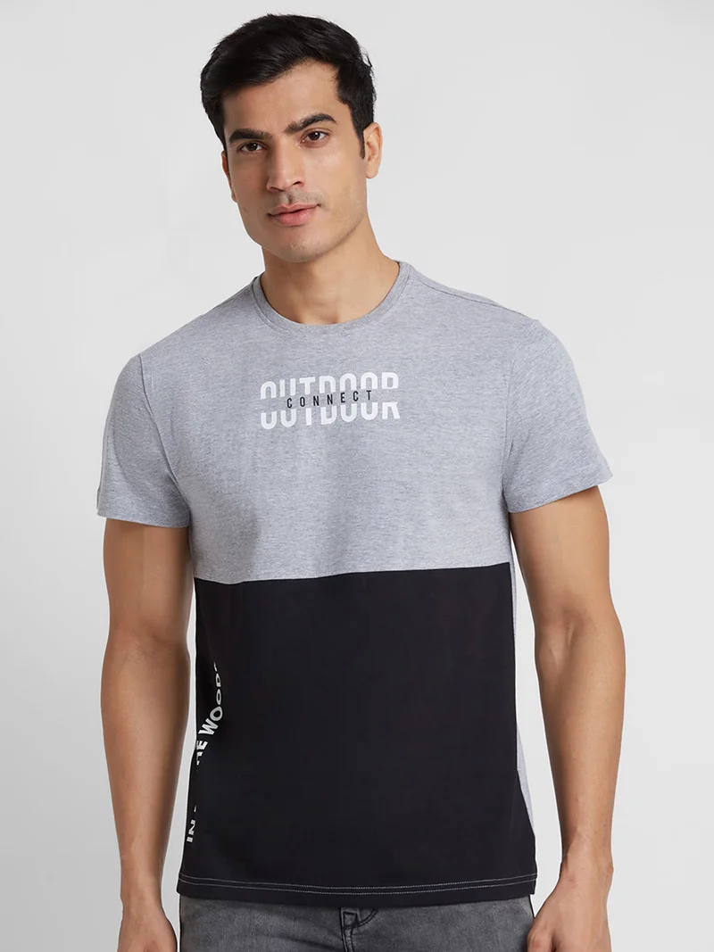 globus Globus Men Grey Melange Printed Round Neck Cotton Regular Fit Casual T-shirt